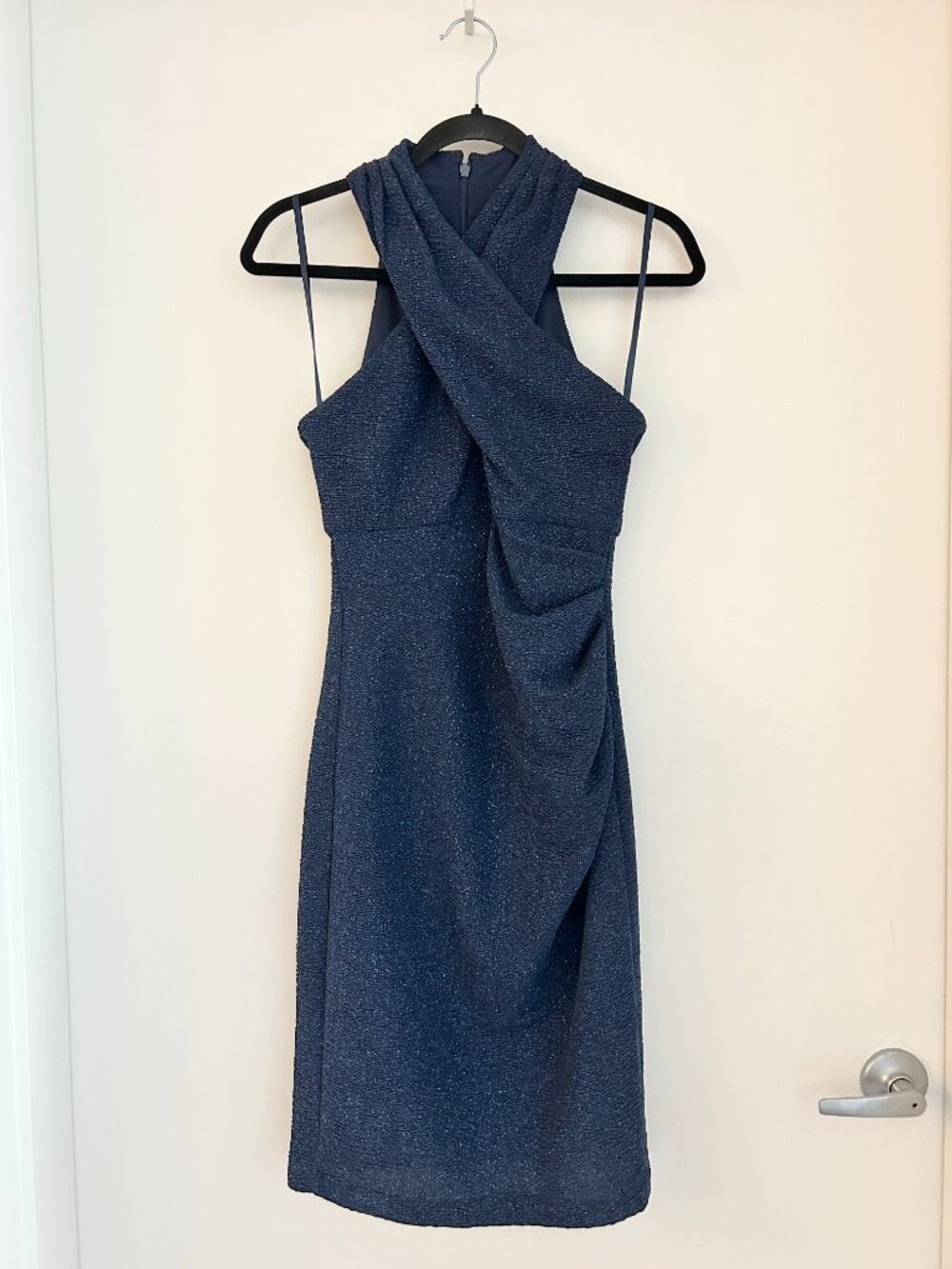 Eliza J. Halter Neck Shimmer Metallic Bodycon Stretch Dress in Navy Blue Size 4P - Picture 3 of 10